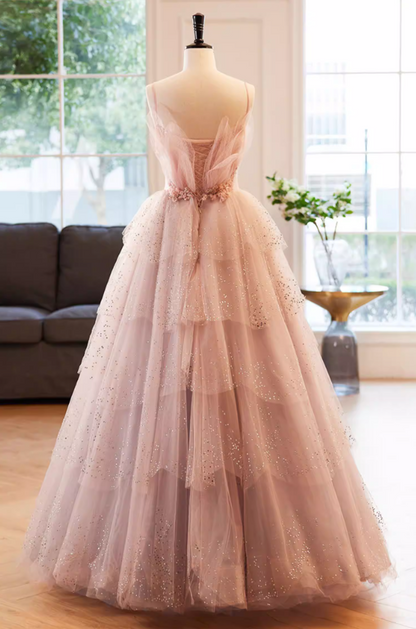 Gorgeous A-Line Spaghetti Strap Tiered Evening Gowns Appliques Sequins Prom Dress AP5854