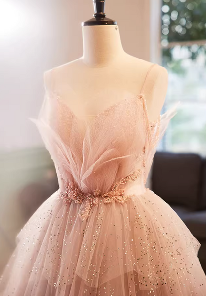 Gorgeous A-Line Spaghetti Strap Tiered Evening Gowns Appliques Sequins Prom Dress AP5854