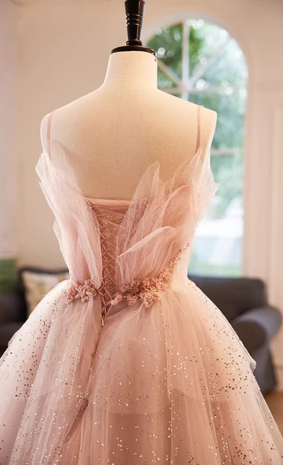 Gorgeous A-Line Spaghetti Strap Tiered Evening Gowns Appliques Sequins Prom Dress AP5854