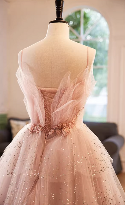 Gorgeous A-Line Spaghetti Strap Tiered Evening Gowns Appliques Sequins Prom Dress AP5854