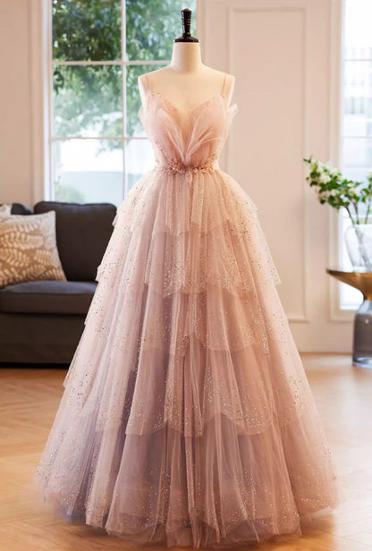 Gorgeous A-Line Spaghetti Strap Tiered Evening Gowns Appliques Sequins Prom Dress AP5854