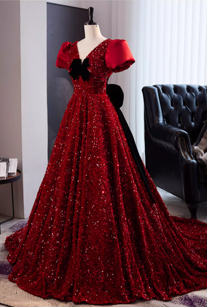 Glamorous V Neck A-Line Red Sweet 16th Gowns Bows Short Sleeve Sequins Prom Dress AP5856