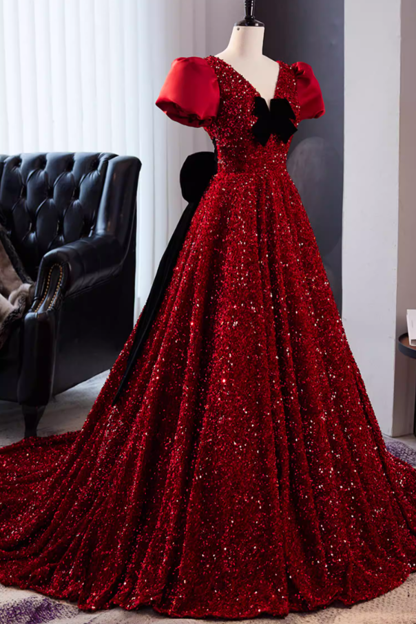 Glamorous V Neck A-Line Red Sweet 16th Gowns Bows Short Sleeve Sequins Prom Dress AP5856