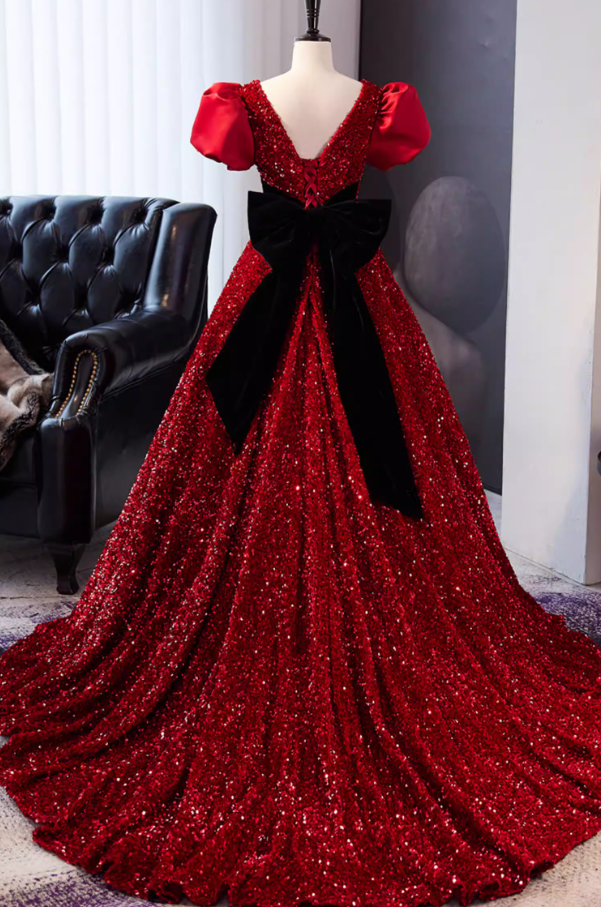 Glamorous V Neck A-Line Red Sweet 16th Gowns Bows Short Sleeve Sequins Prom Dress AP5856