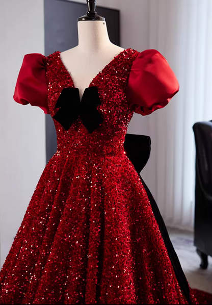 Glamorous V Neck A-Line Red Sweet 16th Gowns Bows Short Sleeve Sequins Prom Dress AP5856