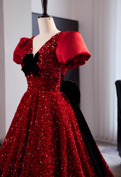 Glamorous V Neck A-Line Red Sweet 16th Gowns Bows Short Sleeve Sequins Prom Dress AP5856