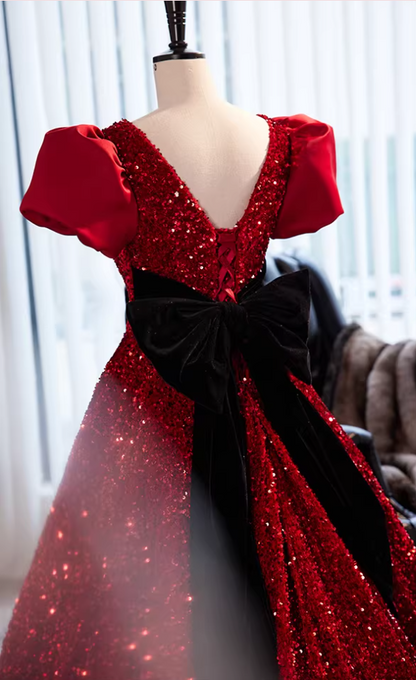 Glamorous V Neck A-Line Red Sweet 16th Gowns Bows Short Sleeve Sequins Prom Dress AP5856