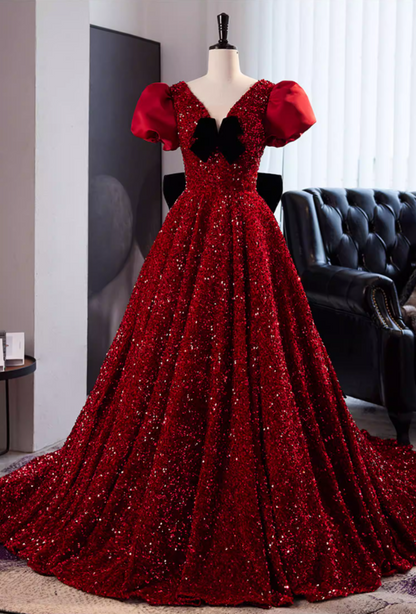 Glamorous V Neck A-Line Red Sweet 16th Gowns Bows Short Sleeve Sequins Prom Dress AP5856