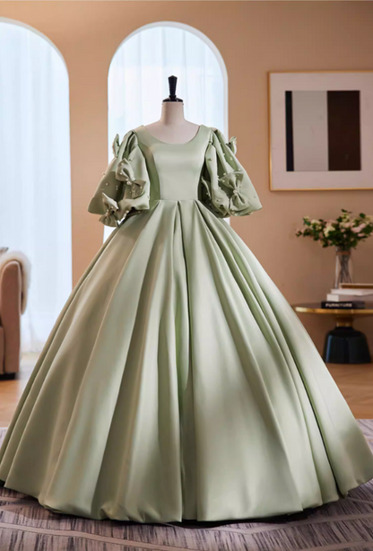 Dramatic Jewel Neck A-Line Satin Sweet 16th Gowns Bows Short Sleeve Pearls Prom Dress AP5857