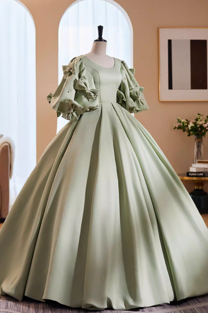 Dramatic Jewel Neck A-Line Satin Sweet 16th Gowns Bows Short Sleeve Pearls Prom Dress AP5857
