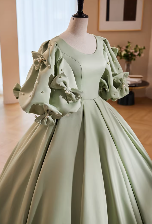 Dramatic Jewel Neck A-Line Satin Sweet 16th Gowns Bows Short Sleeve Pearls Prom Dress AP5857