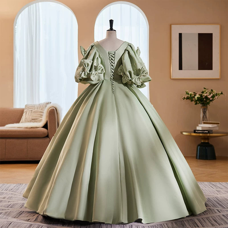 Dramatic Jewel Neck A-Line Satin Sweet 16th Gowns Bows Short Sleeve Pearls Prom Dress AP5857