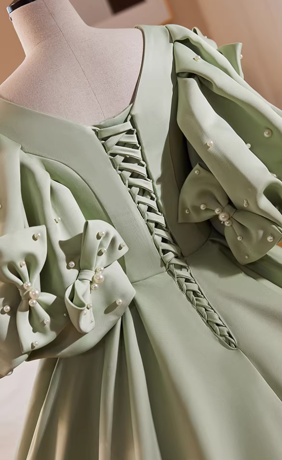 Dramatic Jewel Neck A-Line Satin Sweet 16th Gowns Bows Short Sleeve Pearls Prom Dress AP5857