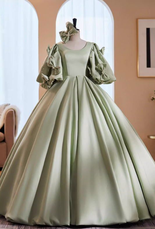 Dramatic Jewel Neck A-Line Satin Sweet 16th Gowns Bows Short Sleeve Pearls Prom Dress AP5857