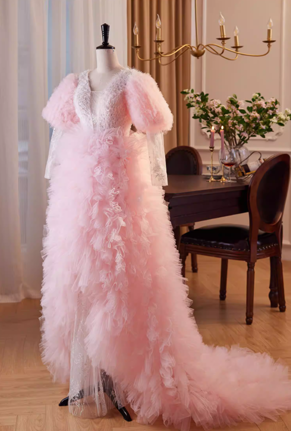 Stunning V Neck A-Line Sweet 16th Dresses Lace Long Sleeve Ruffles Tulle Pink Prom Dress AP5858