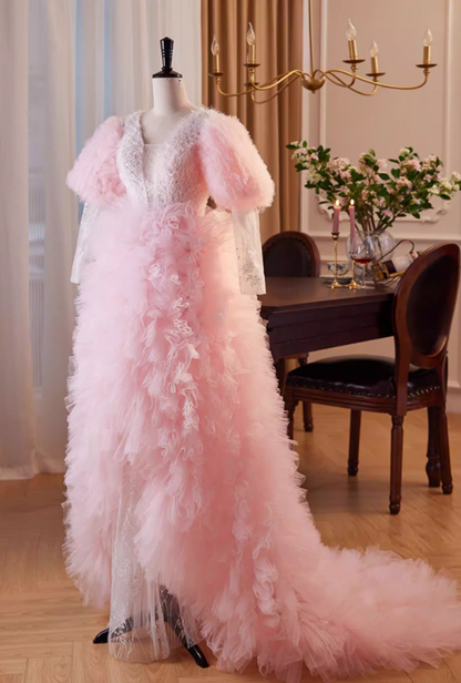 Stunning V Neck A-Line Sweet 16th Dresses Lace Long Sleeve Ruffles Tulle Pink Prom Dress AP5858
