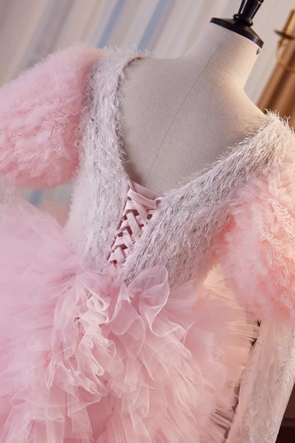Stunning V Neck A-Line Sweet 16th Dresses Lace Long Sleeve Ruffles Tulle Pink Prom Dress AP5858