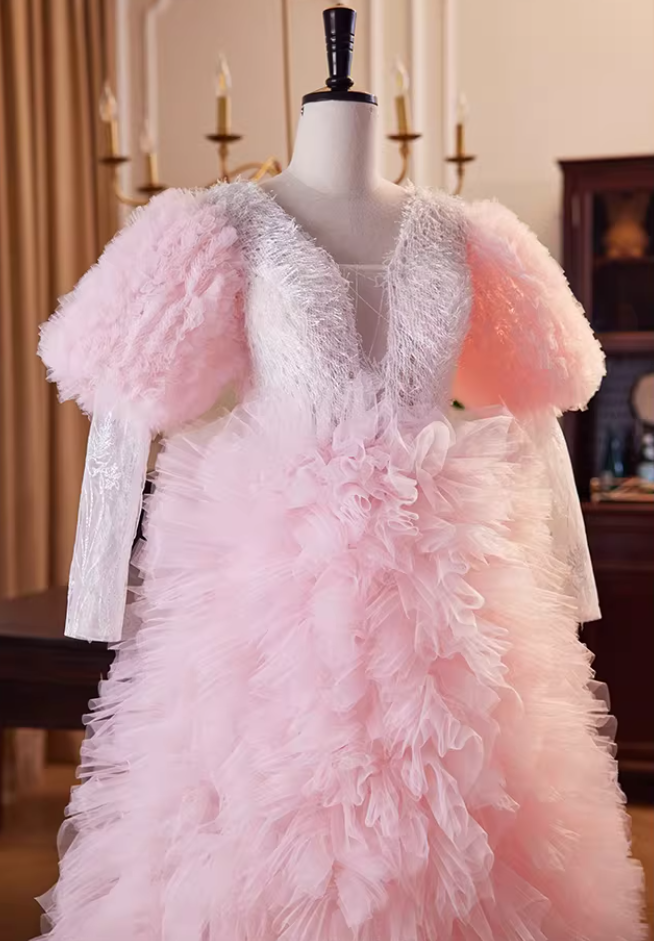 Stunning V Neck A-Line Sweet 16th Dresses Lace Long Sleeve Ruffles Tulle Pink Prom Dress AP5858