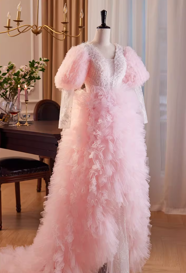 Stunning V Neck A-Line Sweet 16th Dresses Lace Long Sleeve Ruffles Tulle Pink Prom Dress AP5858