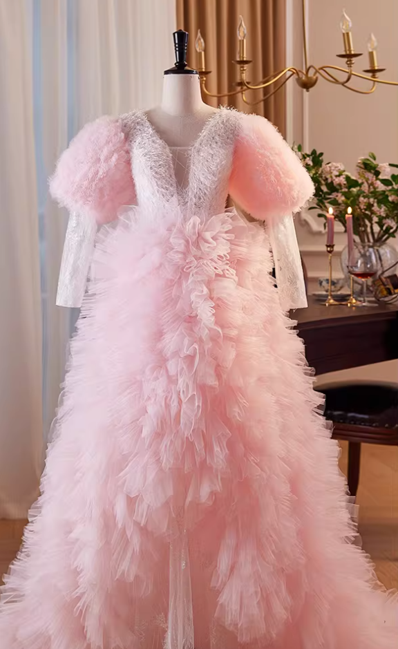 Stunning V Neck A-Line Sweet 16th Dresses Lace Long Sleeve Ruffles Tulle Pink Prom Dress AP5858
