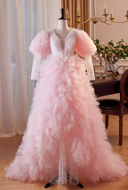 Stunning V Neck A-Line Sweet 16th Dresses Lace Long Sleeve Ruffles Tulle Pink Prom Dress AP5858