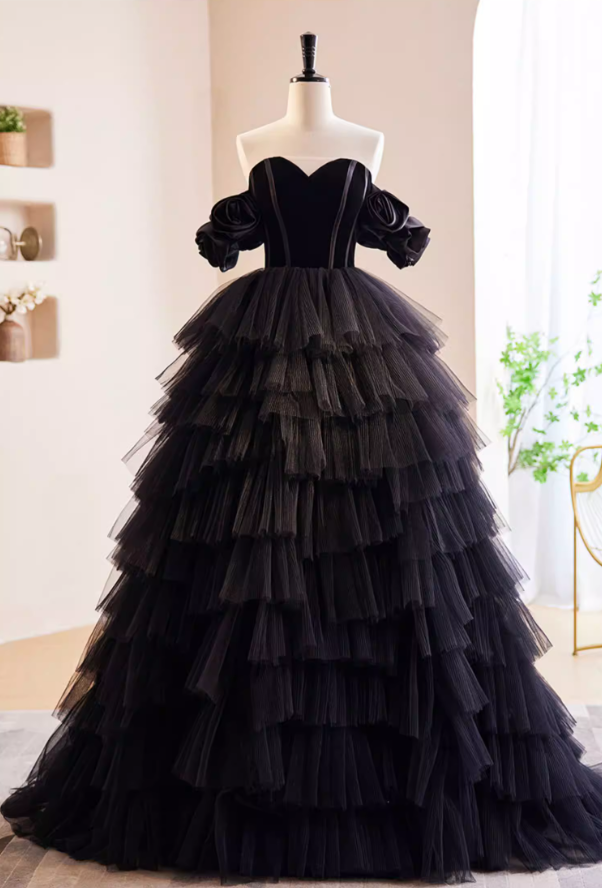 Novelty A-Line Strapless Evening Gowns Black Tiered Tulle Handmade Flowers  Prom Dress AP5859