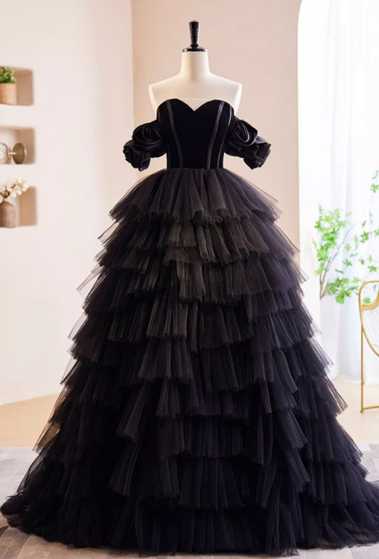 Novelty A-Line Strapless Evening Gowns Black Tiered Tulle Handmade Flowers  Prom Dress AP5859