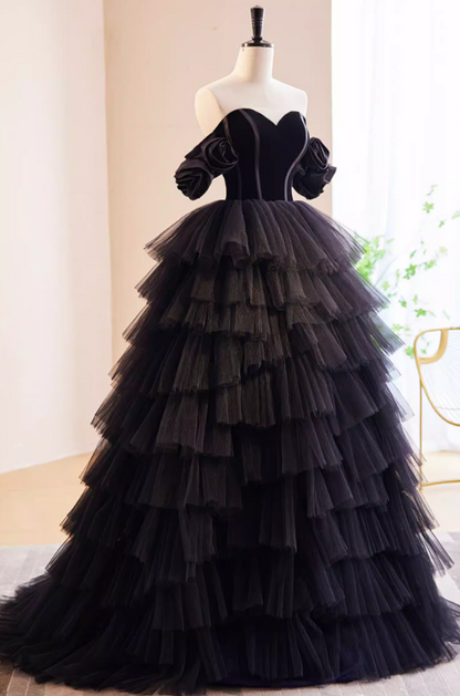 Novelty A-Line Strapless Evening Gowns Black Tiered Tulle Handmade Flowers  Prom Dress AP5859