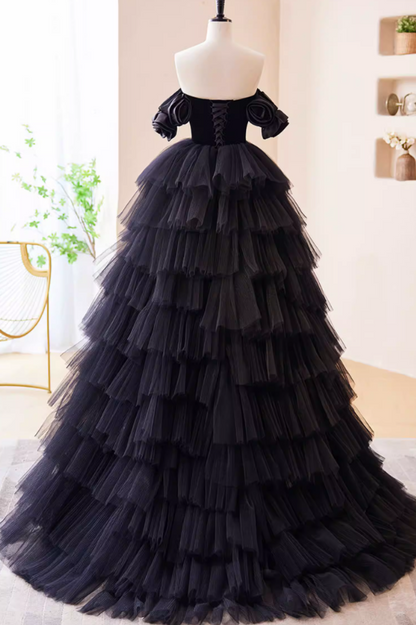 Novelty A-Line Strapless Evening Gowns Black Tiered Tulle Handmade Flowers  Prom Dress AP5859