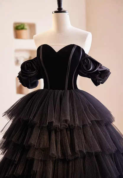 Novelty A-Line Strapless Evening Gowns Black Tiered Tulle Handmade Flowers  Prom Dress AP5859