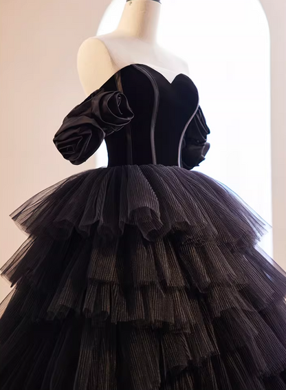 Novelty A-Line Strapless Evening Gowns Black Tiered Tulle Handmade Flowers  Prom Dress AP5859