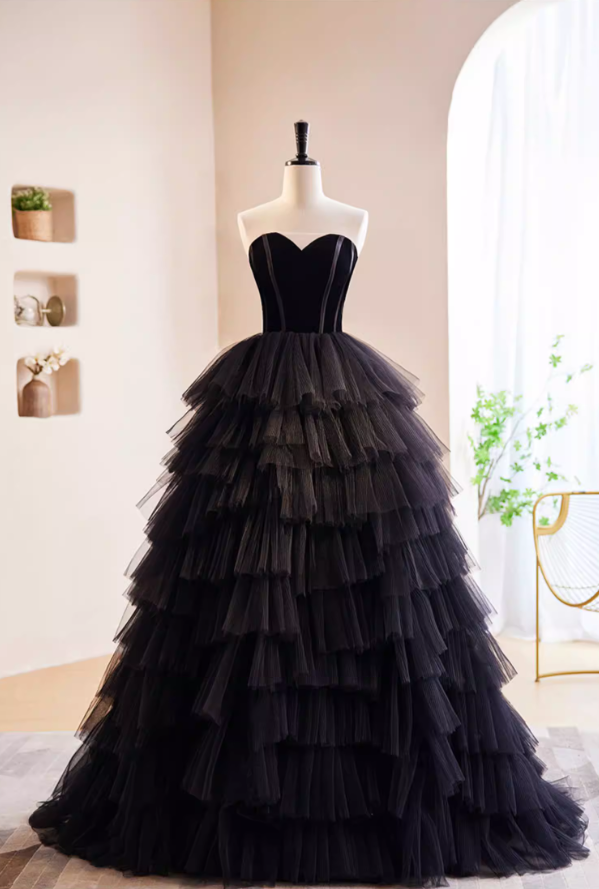 Novelty A-Line Strapless Evening Gowns Black Tiered Tulle Handmade Flowers  Prom Dress AP5859