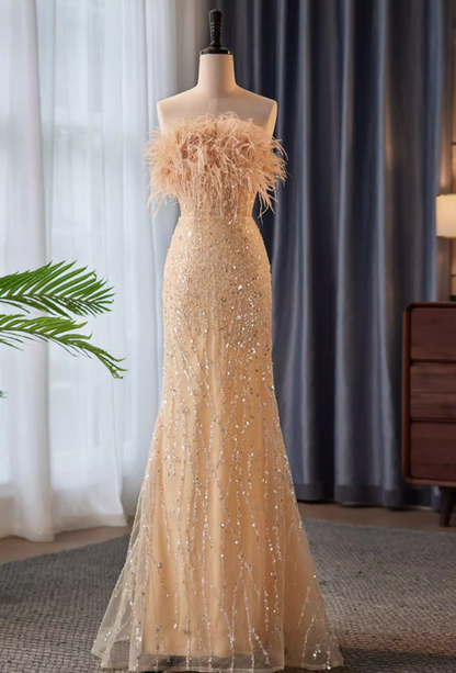 Unique Strapless Evening Mermaid Dress Sequins Feather Prom Dress AP5860