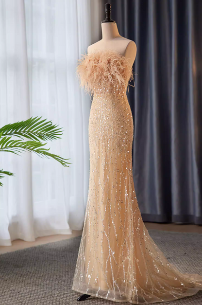 Unique Strapless Evening Mermaid Dress Sequins Feather Prom Dress AP5860