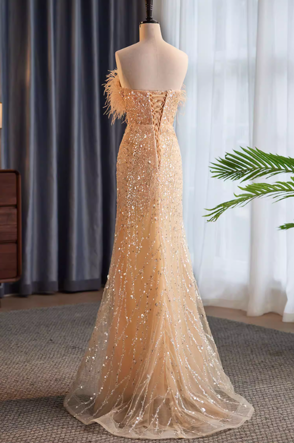 Unique Strapless Evening Mermaid Dress Sequins Feather Prom Dress AP5860