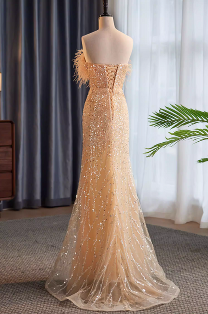 Unique Strapless Evening Mermaid Dress Sequins Feather Prom Dress AP5860
