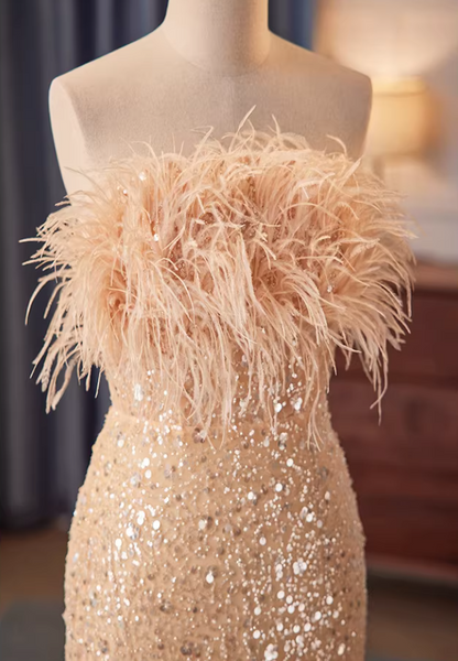Unique Strapless Evening Mermaid Dress Sequins Feather Prom Dress AP5860