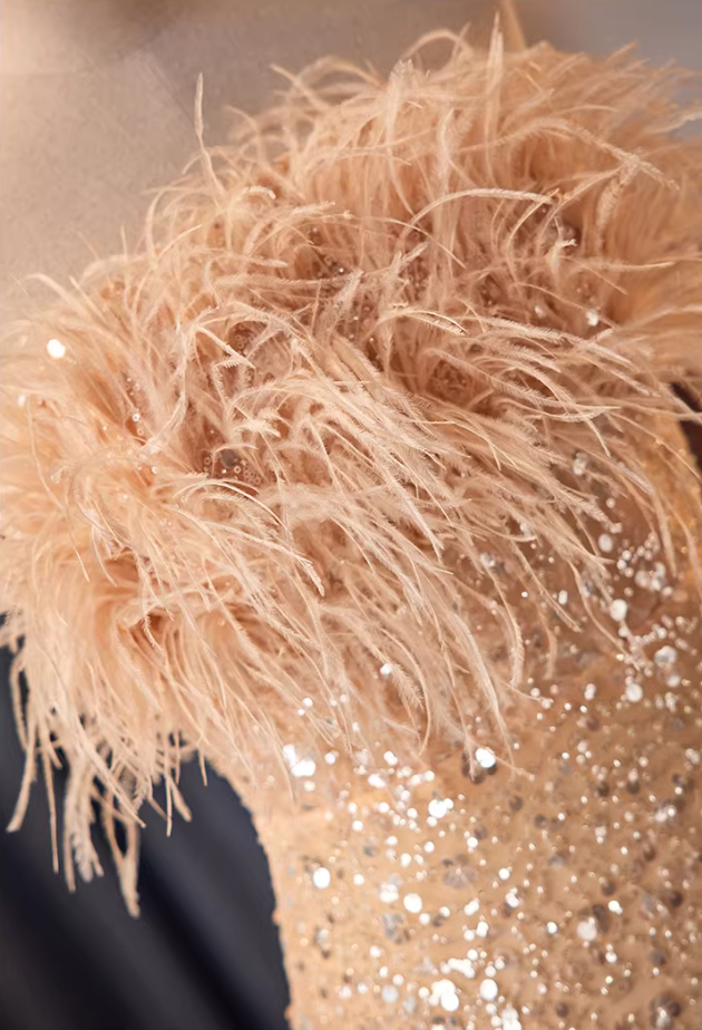 Unique Strapless Evening Mermaid Dress Sequins Feather Prom Dress AP5860