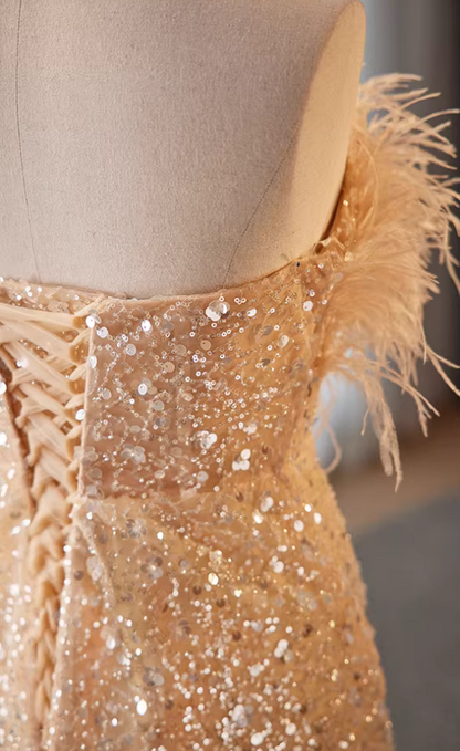 Unique Strapless Evening Mermaid Dress Sequins Feather Prom Dress AP5860