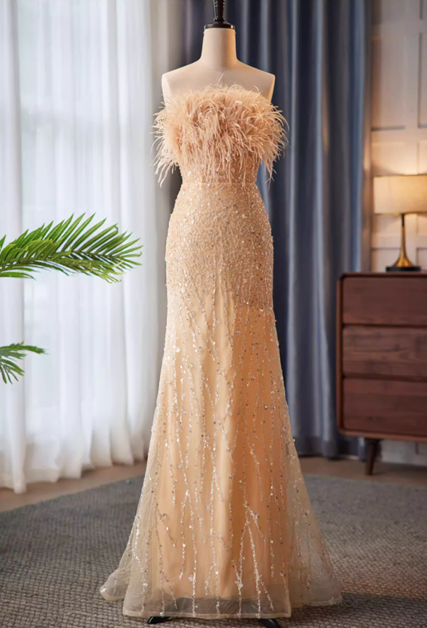 Unique Strapless Evening Mermaid Dress Sequins Feather Prom Dress AP5860