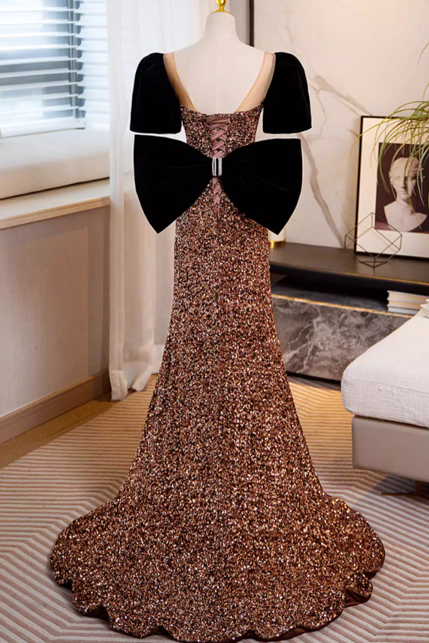 Vibrant Sweetheart Neck Short Sleeve Mermaid Evening Gowns Sequins Bows Prom Dress AP5861