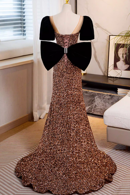 Vibrant Sweetheart Neck Short Sleeve Mermaid Evening Gowns Sequins Bows Prom Dress AP5861