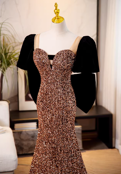 Vibrant Sweetheart Neck Short Sleeve Mermaid Evening Gowns Sequins Bows Prom Dress AP5861