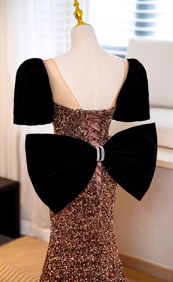 Vibrant Sweetheart Neck Short Sleeve Mermaid Evening Gowns Sequins Bows Prom Dress AP5861