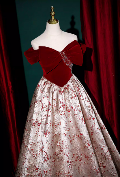 Fashionable A-Line Off-Shoulder Evening Gowns Velvet Bow Sequins Jacquard Prom Dress AP5862