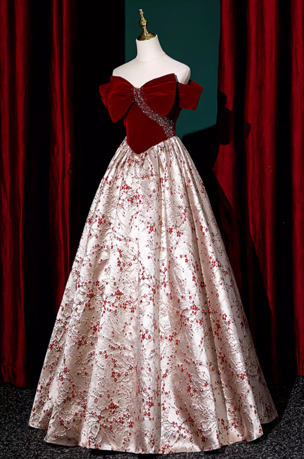 Fashionable A-Line Off-Shoulder Evening Gowns Velvet Bow Sequins Jacquard Prom Dress AP5862