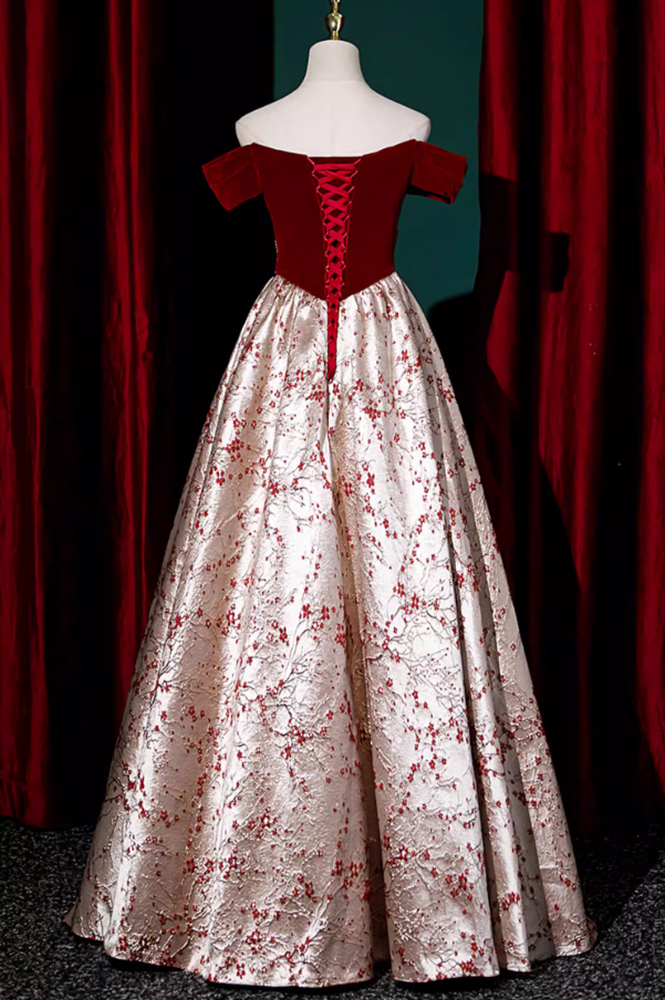 Fashionable A-Line Off-Shoulder Evening Gowns Velvet Bow Sequins Jacquard Prom Dress AP5862