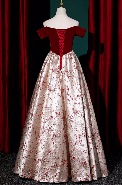 Fashionable A-Line Off-Shoulder Evening Gowns Velvet Bow Sequins Jacquard Prom Dress AP5862