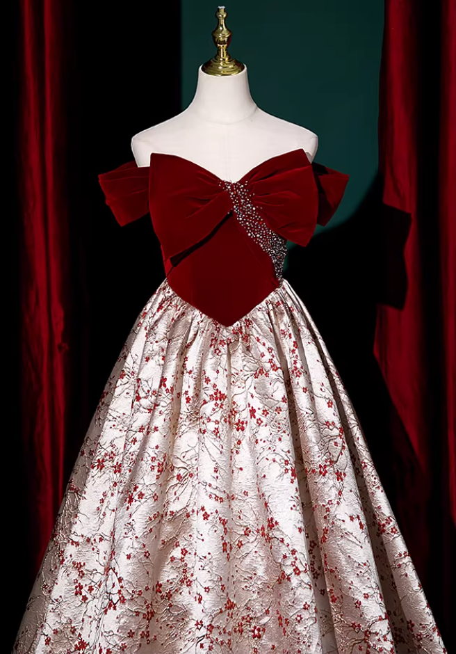 Fashionable A-Line Off-Shoulder Evening Gowns Velvet Bow Sequins Jacquard Prom Dress AP5862