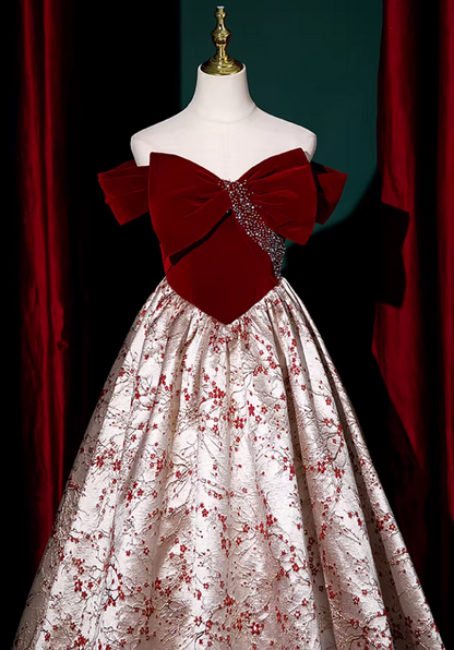 Fashionable A-Line Off-Shoulder Evening Gowns Velvet Bow Sequins Jacquard Prom Dress AP5862